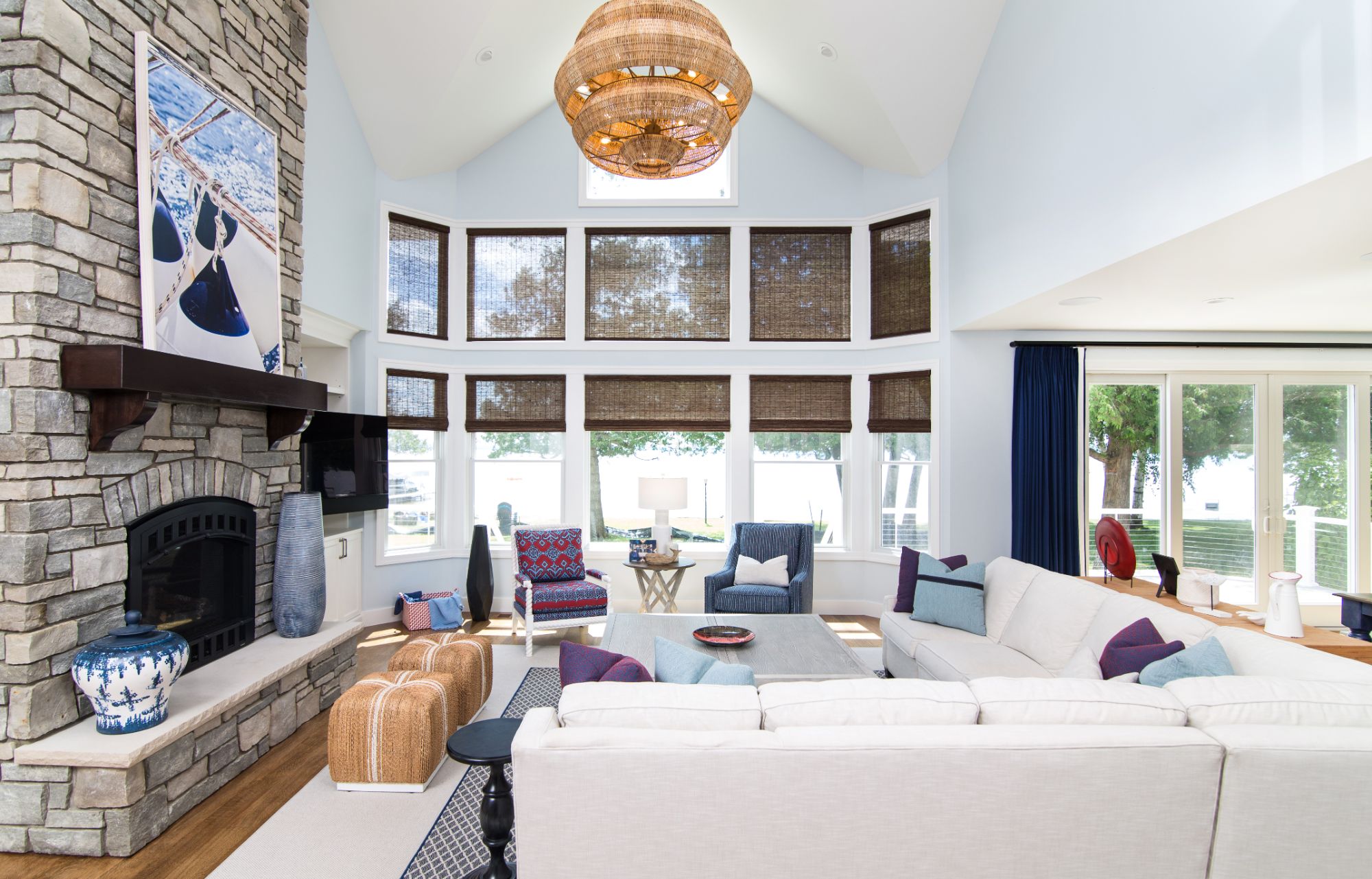light and airy family room with white sectional
