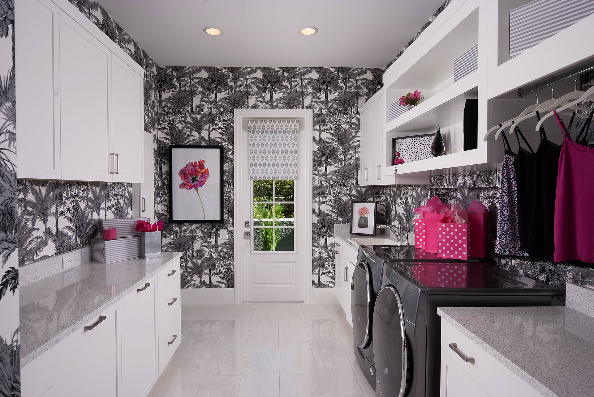 interior design laundry room with black and white wallpaper